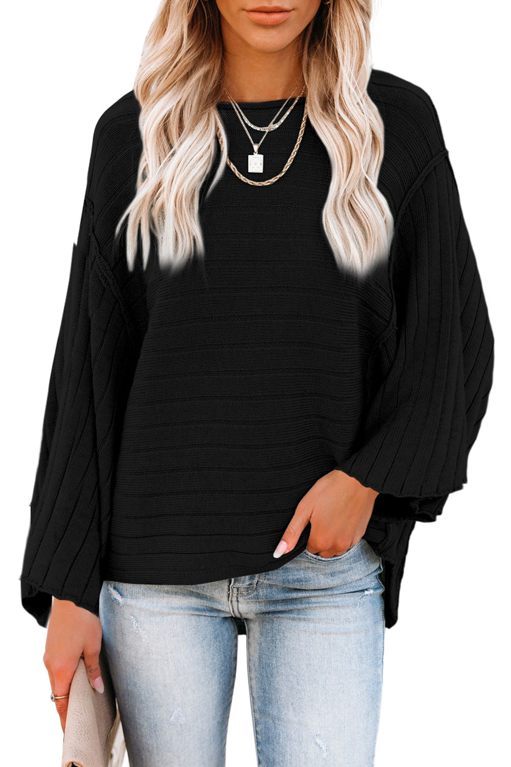 Apricot Exposed Seam Ribbed Knit Dolman Sweater