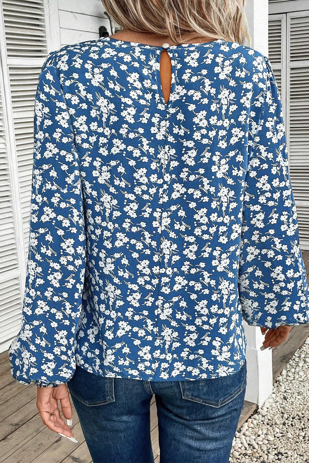 Blue Ditsy Floral Print Lantern Sleeve Blouse