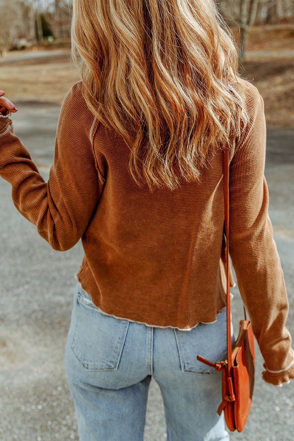 Fiery Red Textured Round Neck Long Sleeve Top