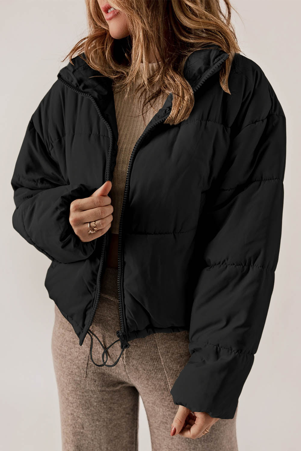 Apricot Zip Up Drawstring Hem Puffer Coat