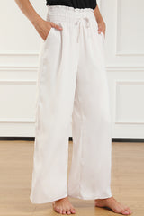 Beige Smocked High Waist Wide Leg Pants