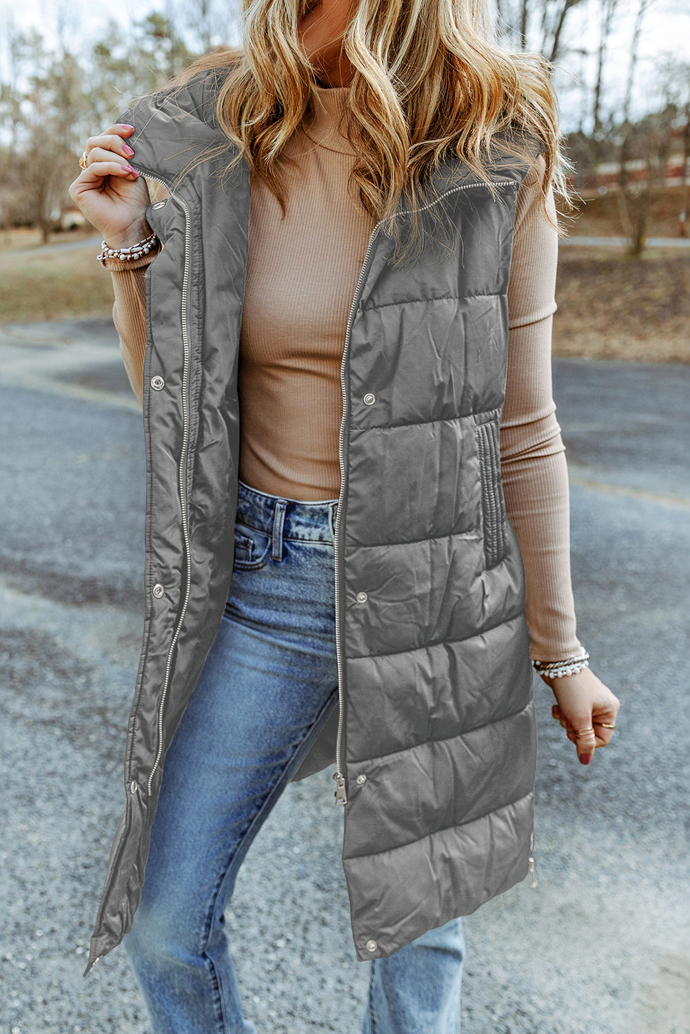 Black Hooded Long Quilted Vest Coat