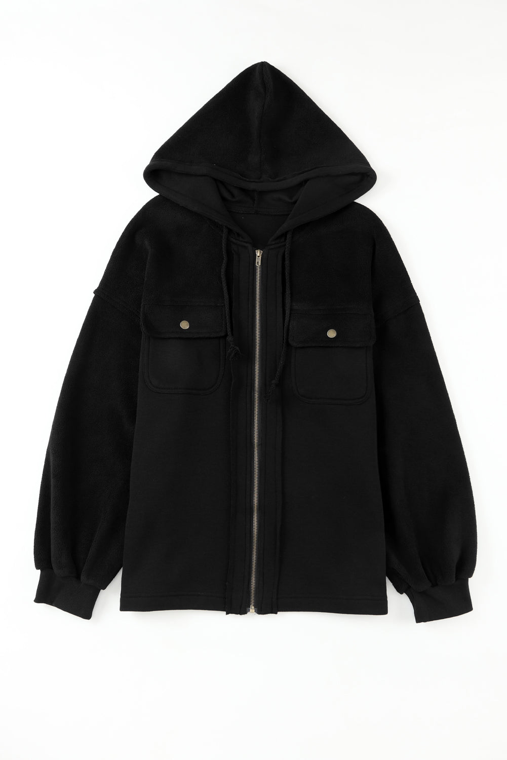 Black Plus Size Bishop Sleeve Zip Up Hooded Jacket