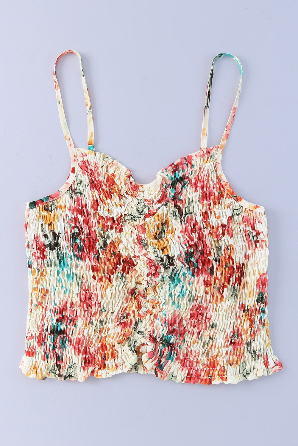 Apricot Floral Print Smocked Ruched Tank Top