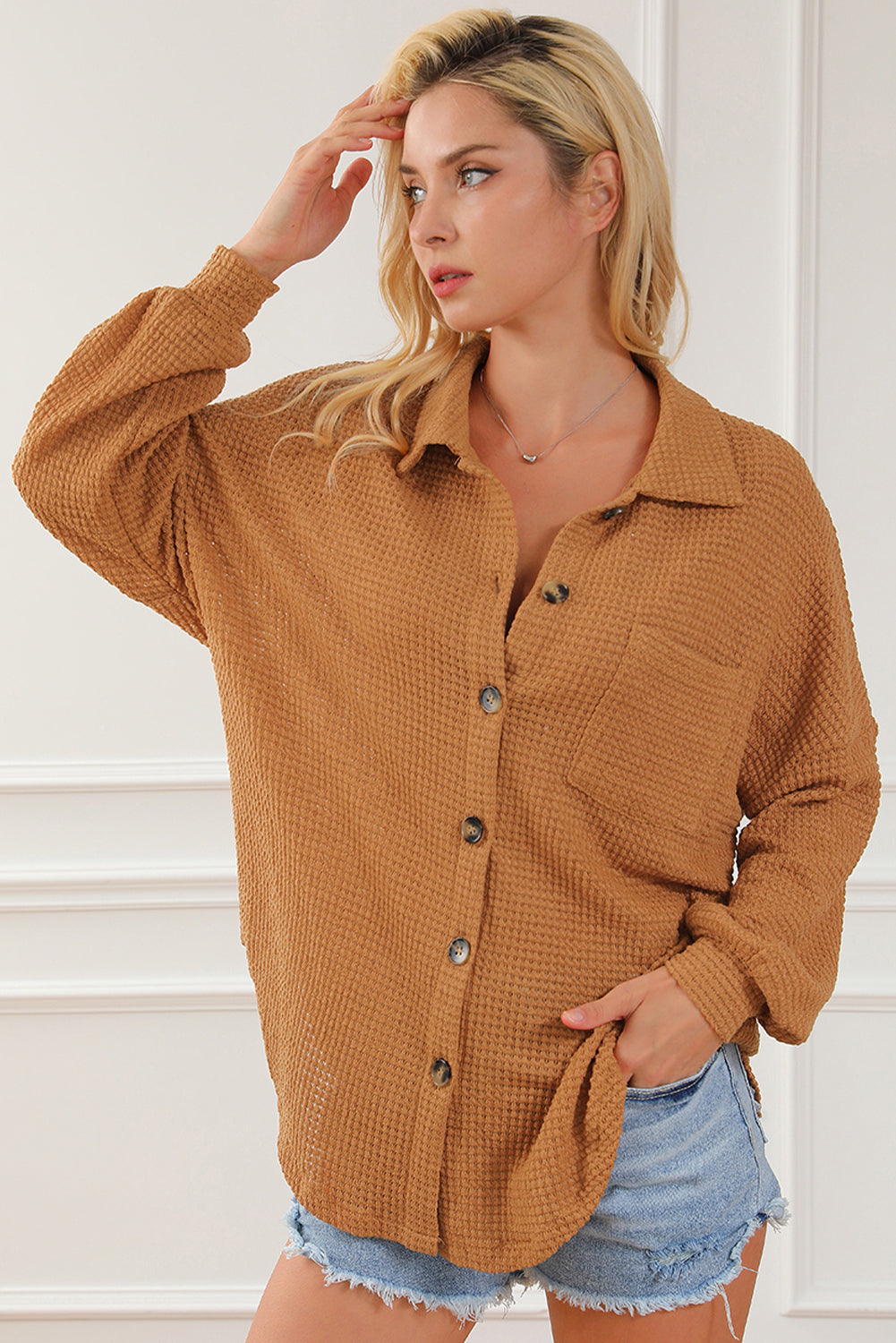 Black Plus Size Chest Pocket Waffle Knit Shirt