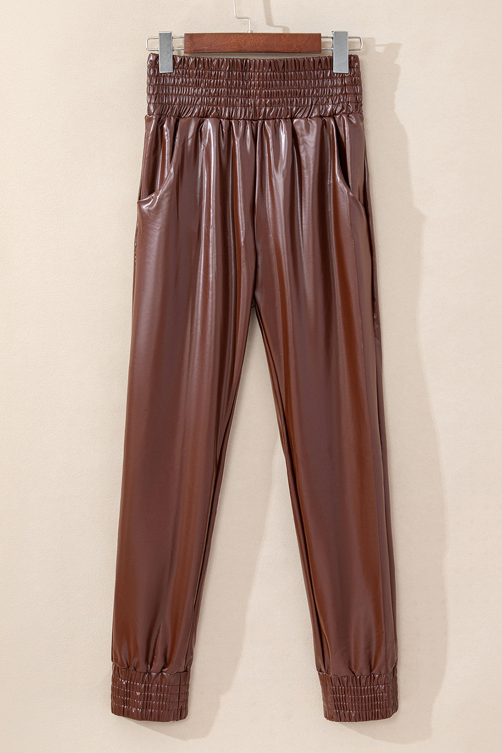 Black Smocked High-Waist Leather Skinny Pants