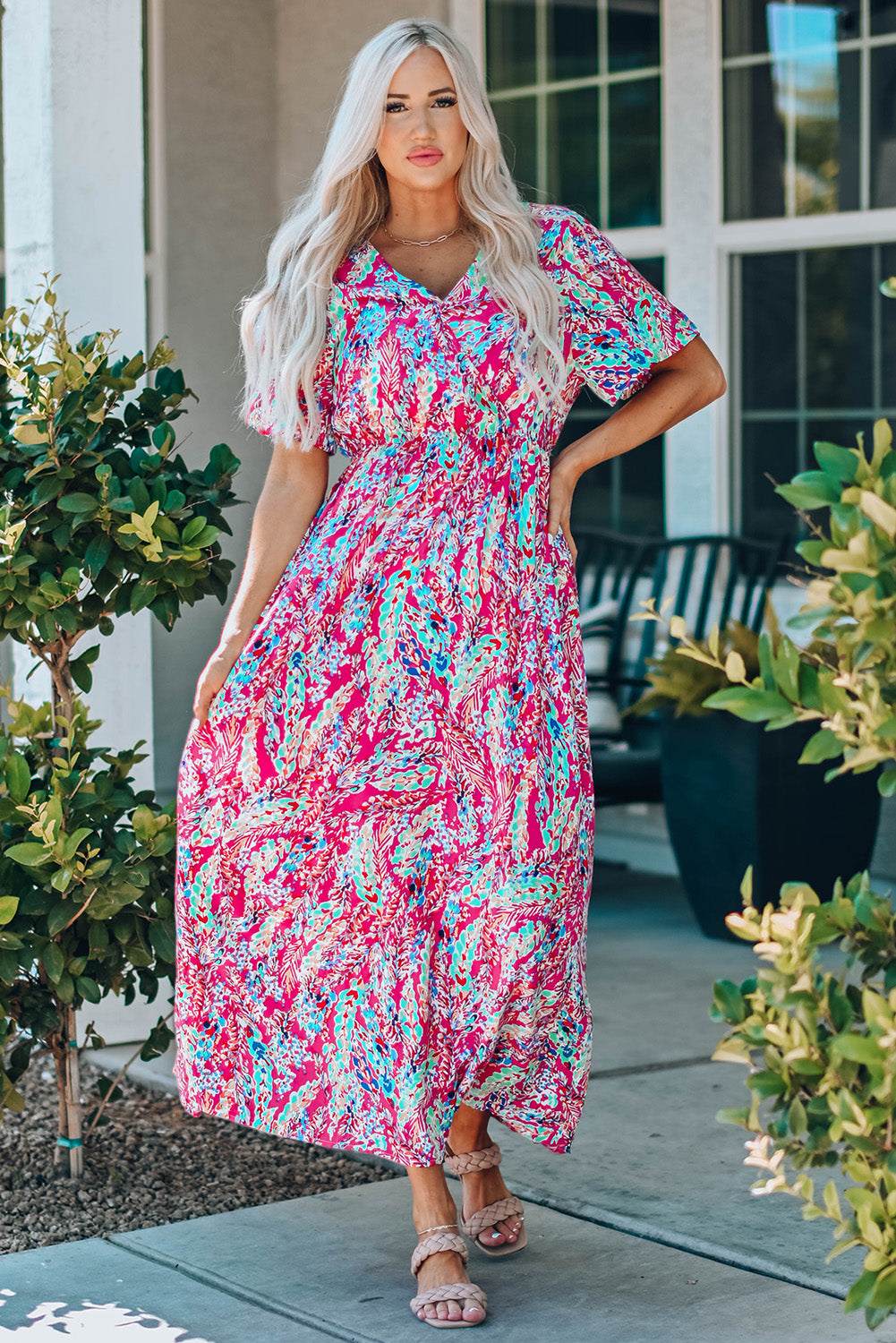 Green Wrap V Neck Floral Maxi Dress