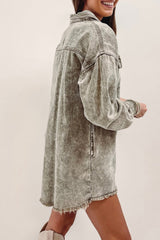 Sage Green Acid Wash Flap Pocket Raw Hem Tunic Denim Jacket