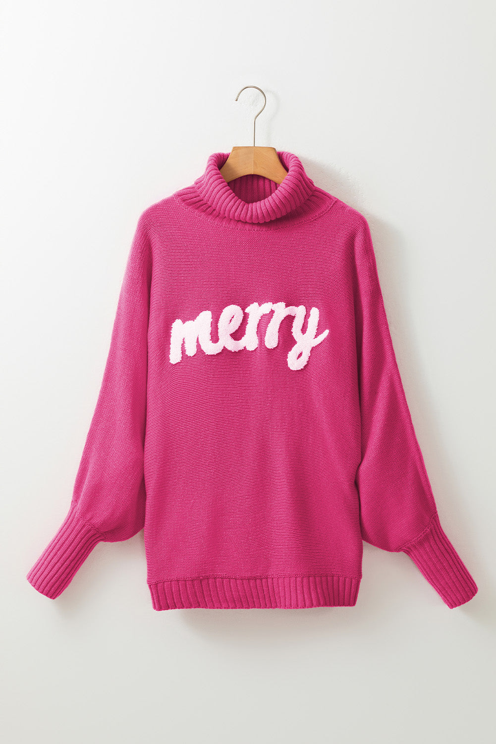 Red Merry Letter Embroidered High Neck Sweater