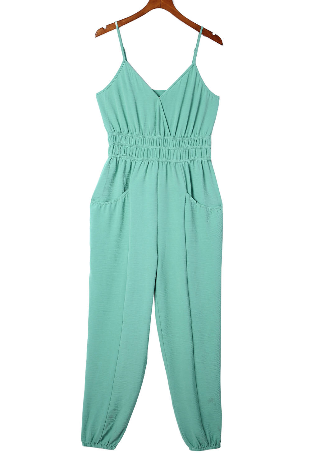 Green Shirred High Waist Sleeveless V Neck Jumpsuit