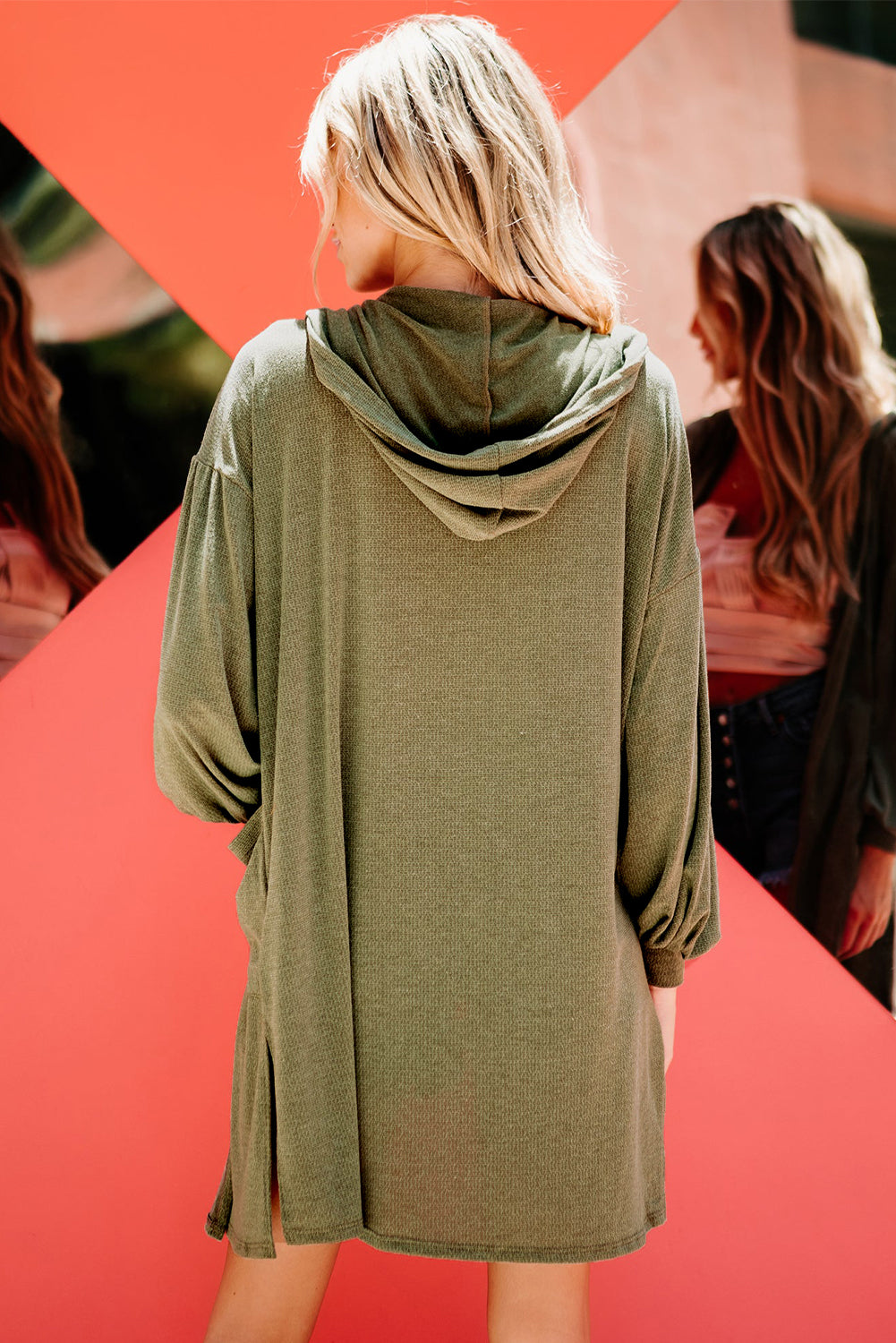 Guacamole Green Hooded Side Split Open Kimono with Pocket