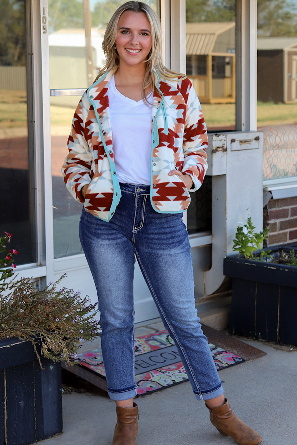 Fiery Red Geometric Aztec Pattern Plus Size Fleece Jacket