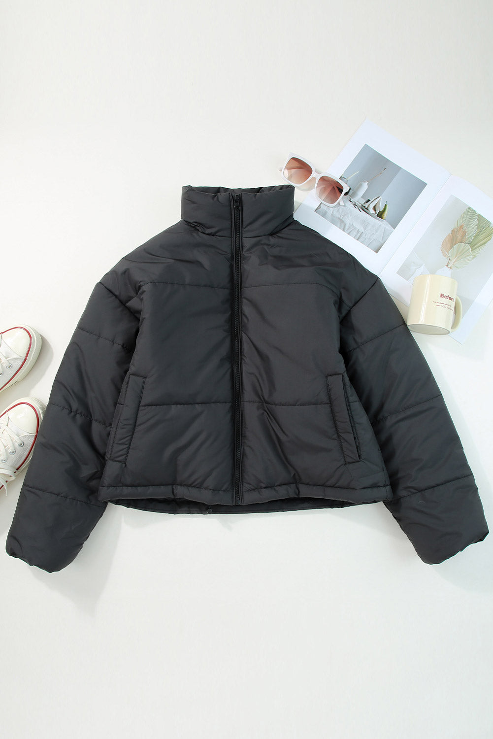 Apricot Zip Up Drawstring Hem Puffer Coat