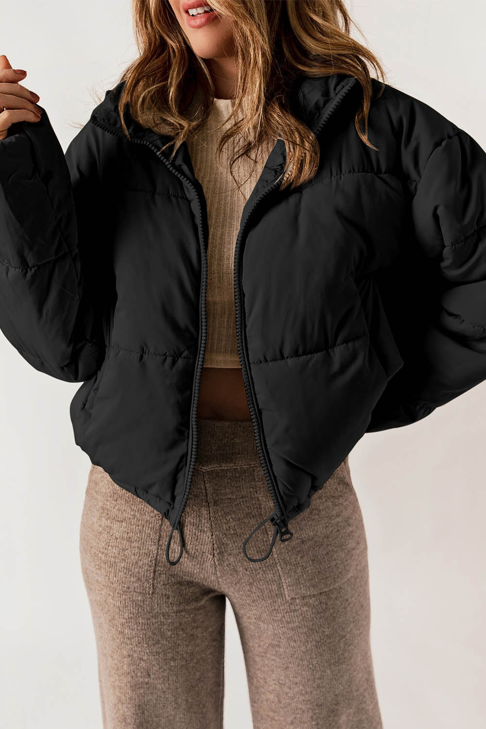 Apricot Zip Up Drawstring Hem Puffer Coat