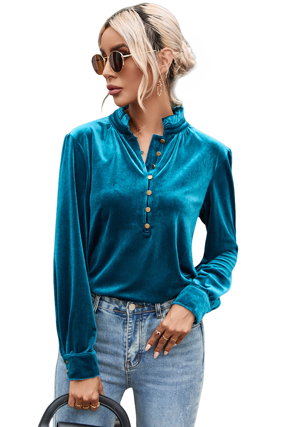 Blackish Green Frilled Neck Buttoned Front Velvet Top