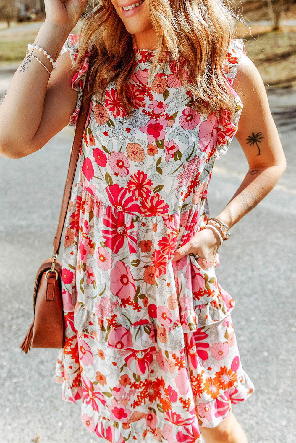 Multicolor Boho Flower Print Puff Short Sleeve Top