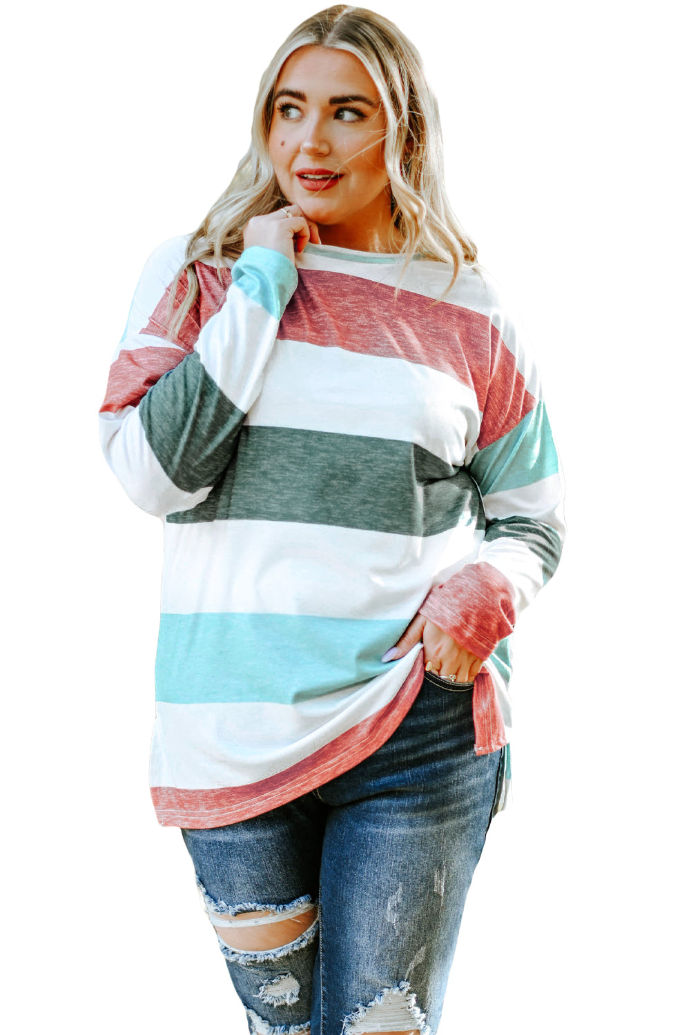 Sky Blue Stripe Plus Size Colorblock Pullover Top