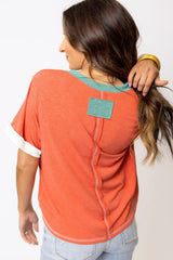 Grapefruit Orange Contrast Trim Exposed Seam V Neck T-shirt