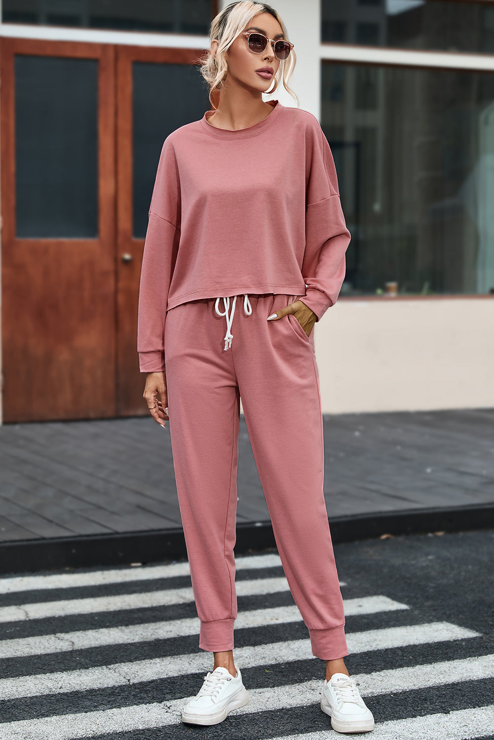 Pink Solid Sport Boxy Fit Pullover & Pants Outfit
