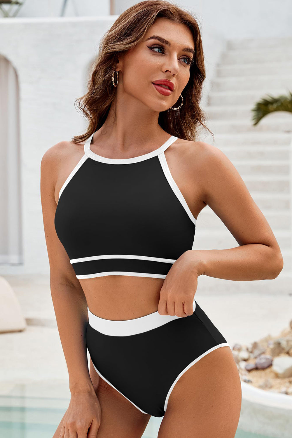 Black Contrast Trim Crisscross Back High Waisted Bikini