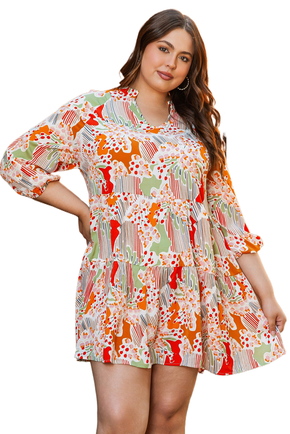 Multicolour Plus Size Mix Floral Puff Sleeve Ruffled Dress