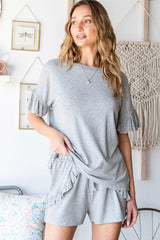 Gray Ribbed Knit Ruffle Trim Casual Short Set