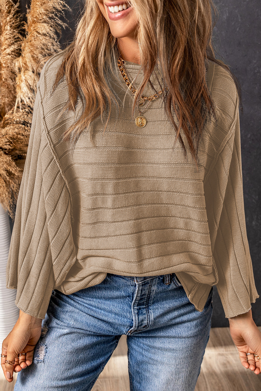 Apricot Exposed Seam Ribbed Knit Dolman Sweater