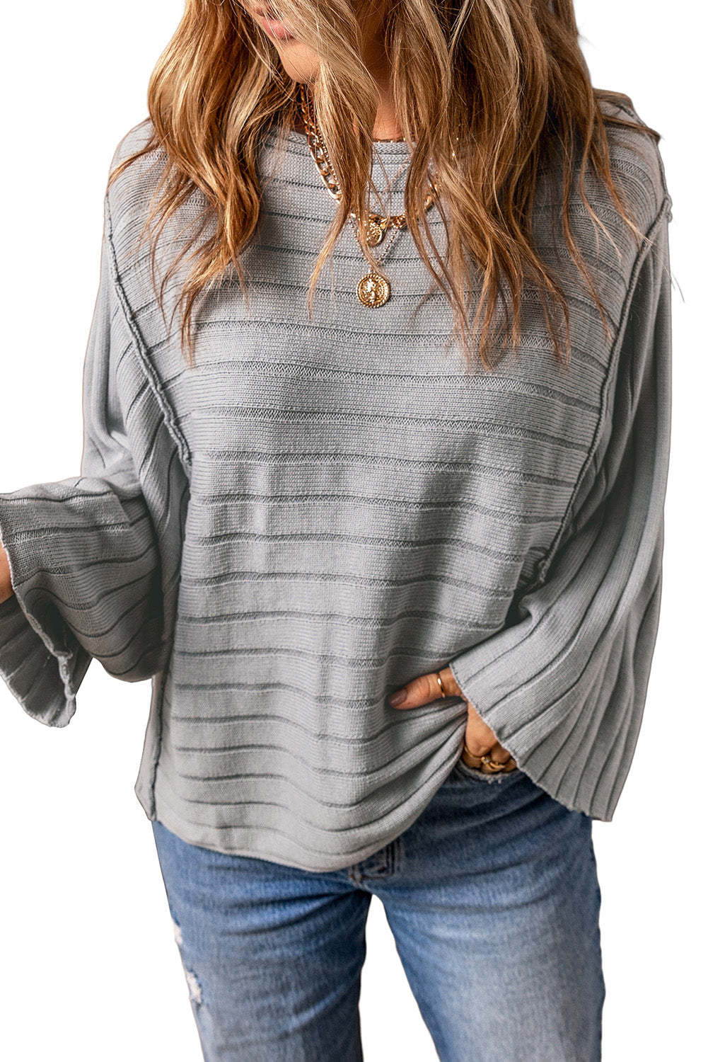 Apricot Exposed Seam Ribbed Knit Dolman Sweater