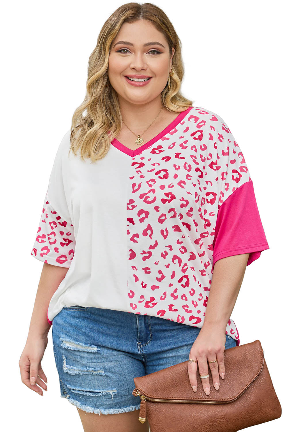 White Plus Size Leopard Patchwork Short Sleeve Top