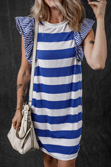 Sky Blue Stripe Contrast Ruffled Sleeve T-shirt Dress