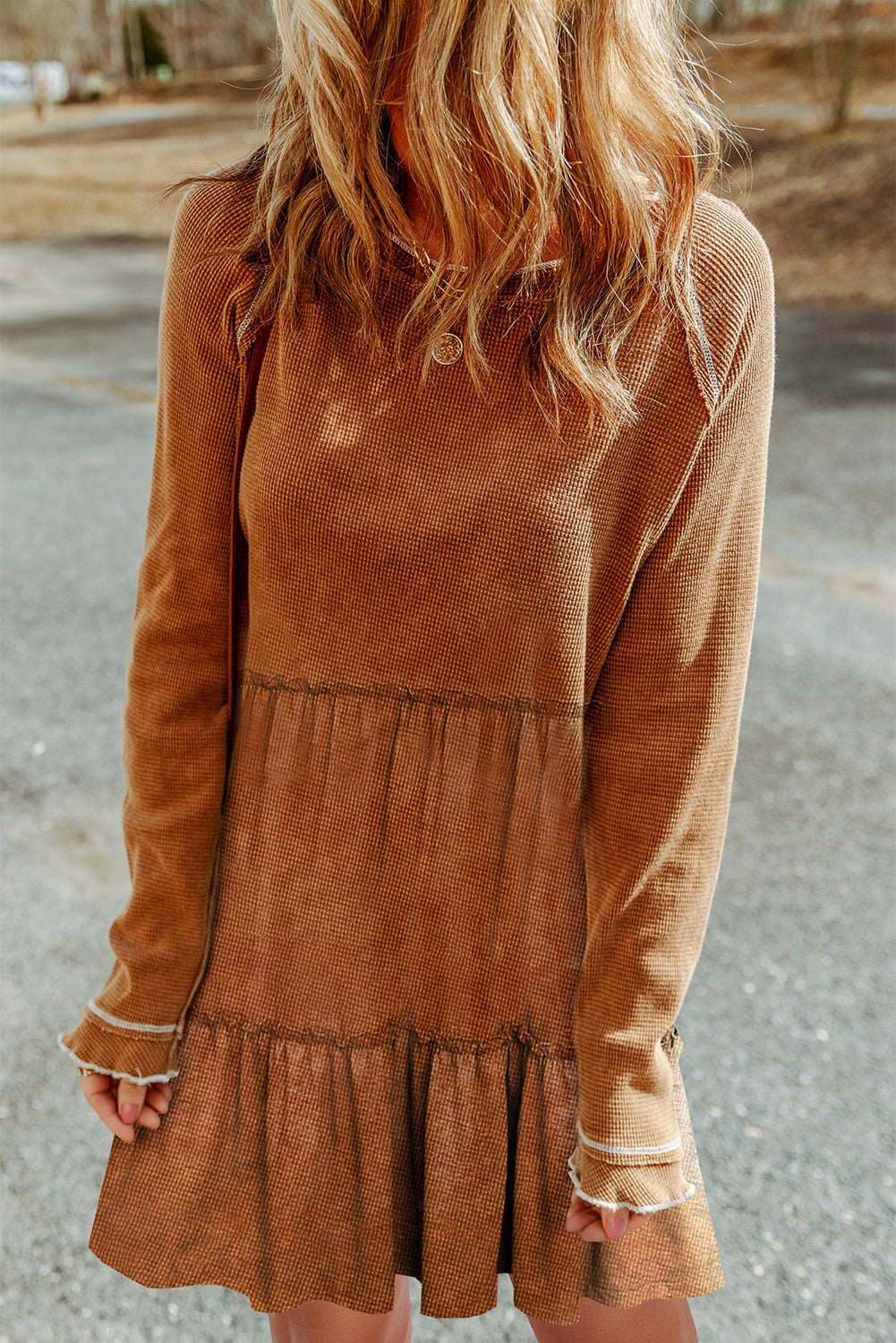 Fiery Red Textured Round Neck Long Sleeve Top