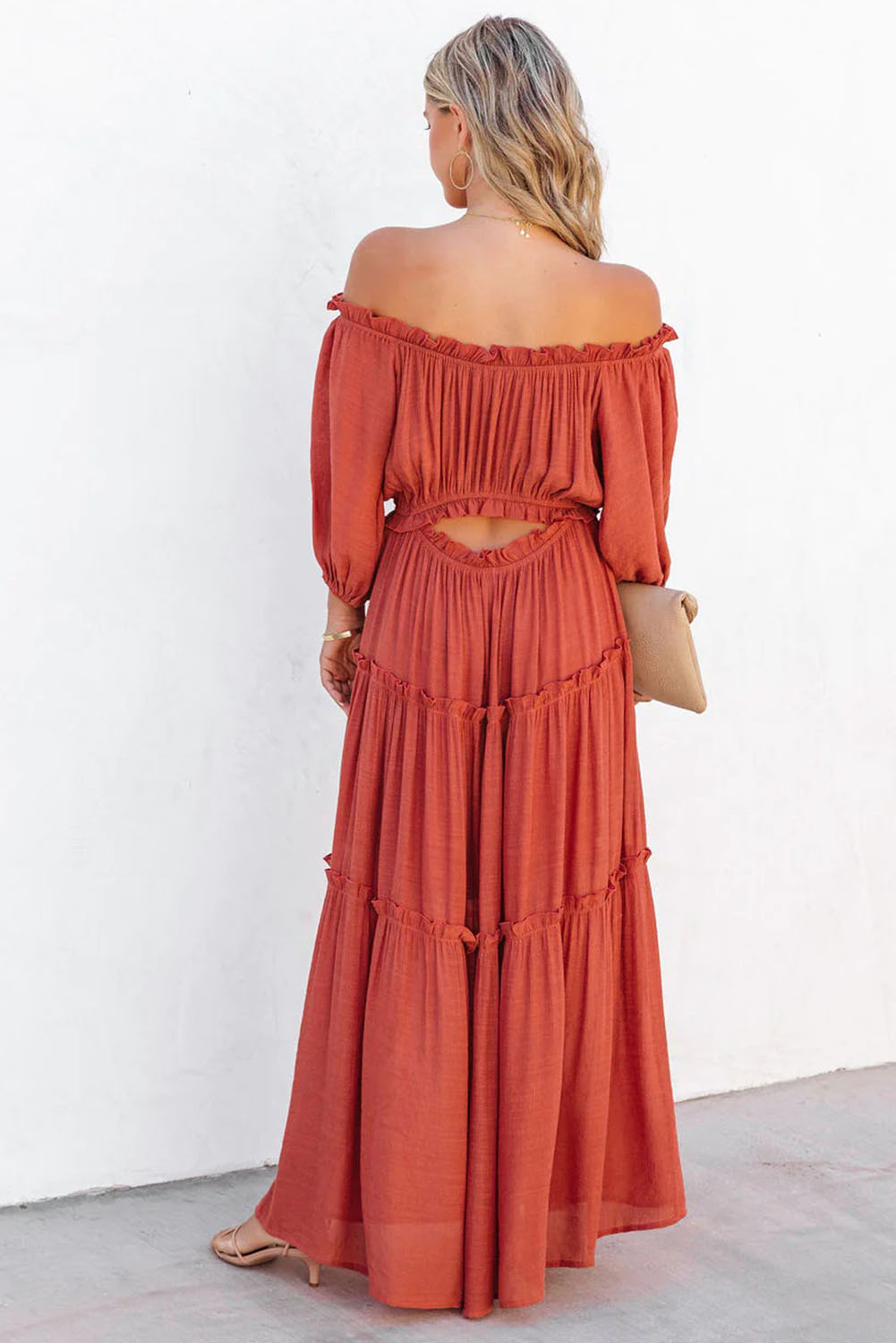 Orange Off Shoulder Balloon Sleeve Cutout Ruffled Maxi Dress