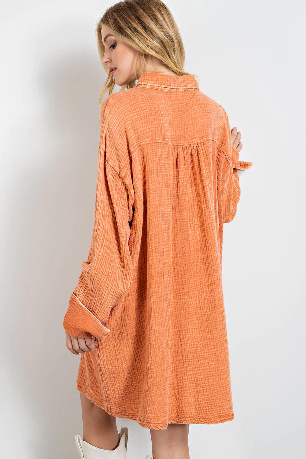 Orange Crinkled Dual Chest Pocket Oversized Shirt Dress