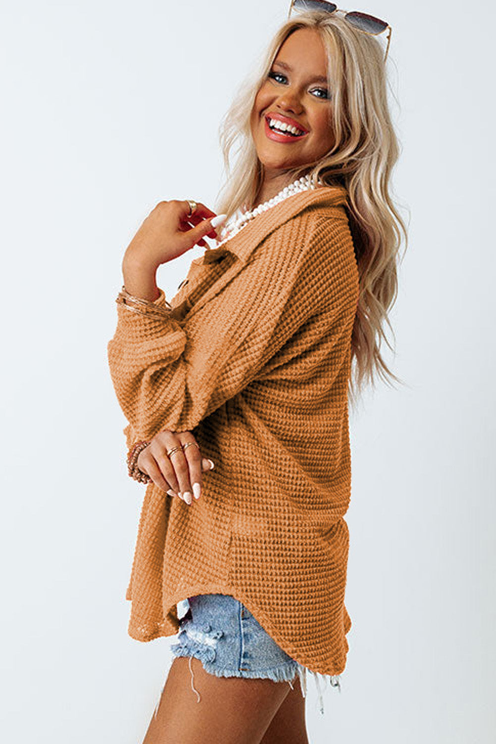 Black Plus Size Chest Pocket Waffle Knit Shirt