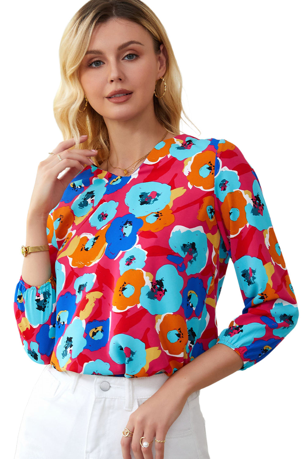 Sky Blue Multicolor Abstract Print High Neck Flutter Sleeves Top