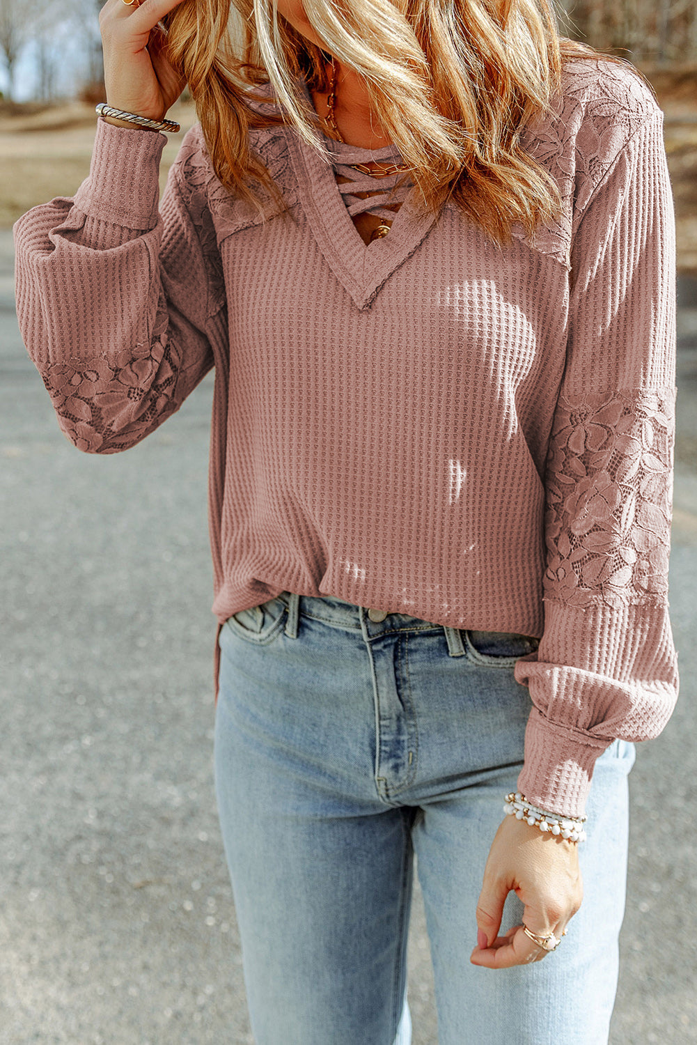 Apricot Lace Waffle Patchwork Strappy V Neck Long Sleeve Top