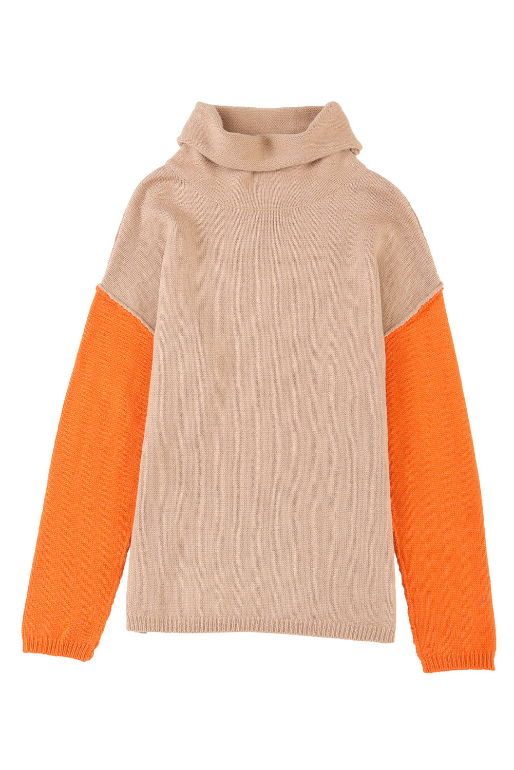 Khaki Color Block Turtle Neck Drop Shoulder Knit Sweater