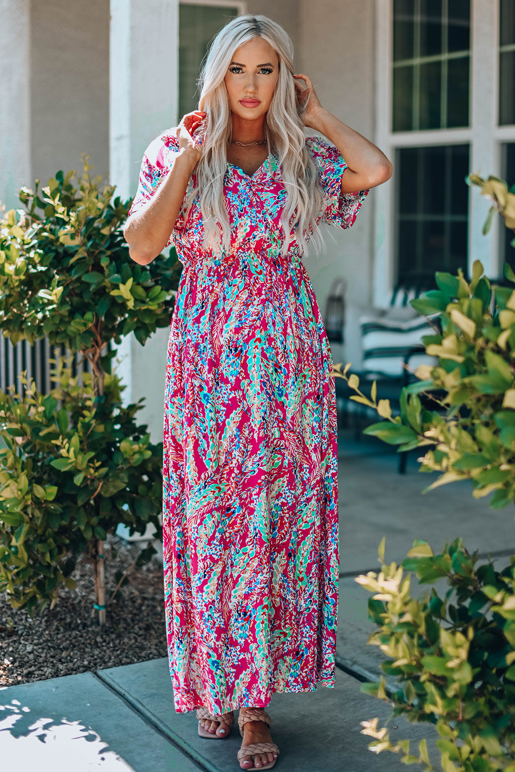 Green Wrap V Neck Floral Maxi Dress