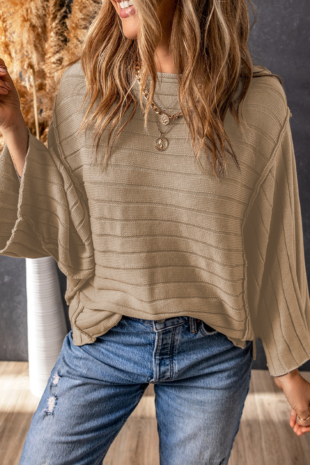 Apricot Exposed Seam Ribbed Knit Dolman Sweater