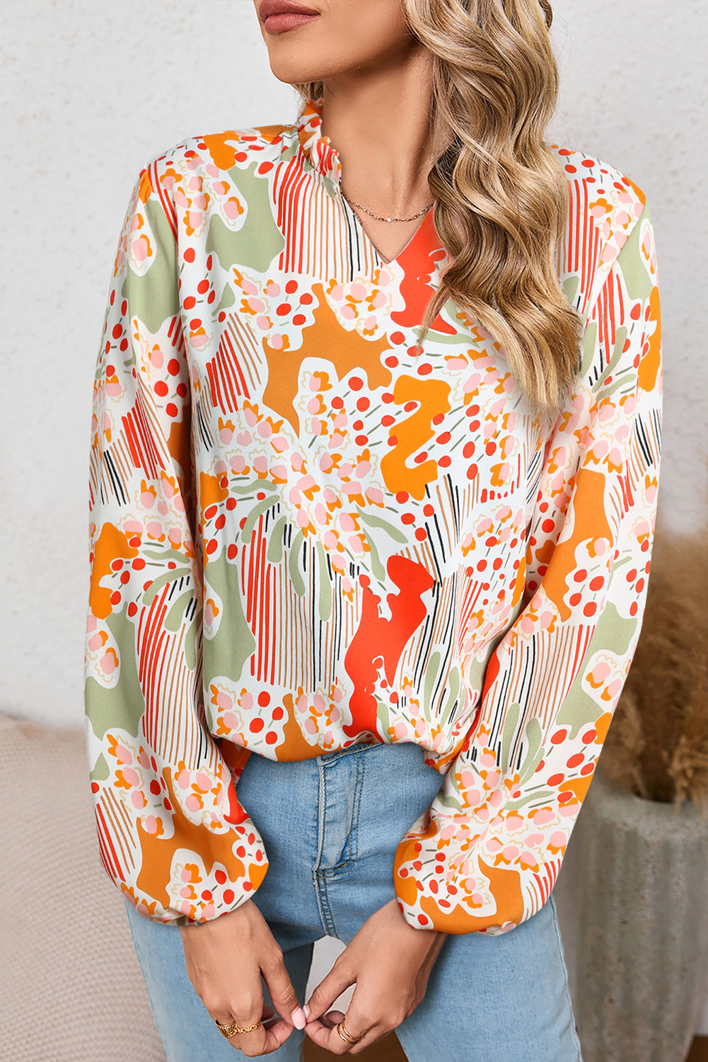 Orange Printed Floral Abstract Print Frilled V Neck Plus Size Blouse