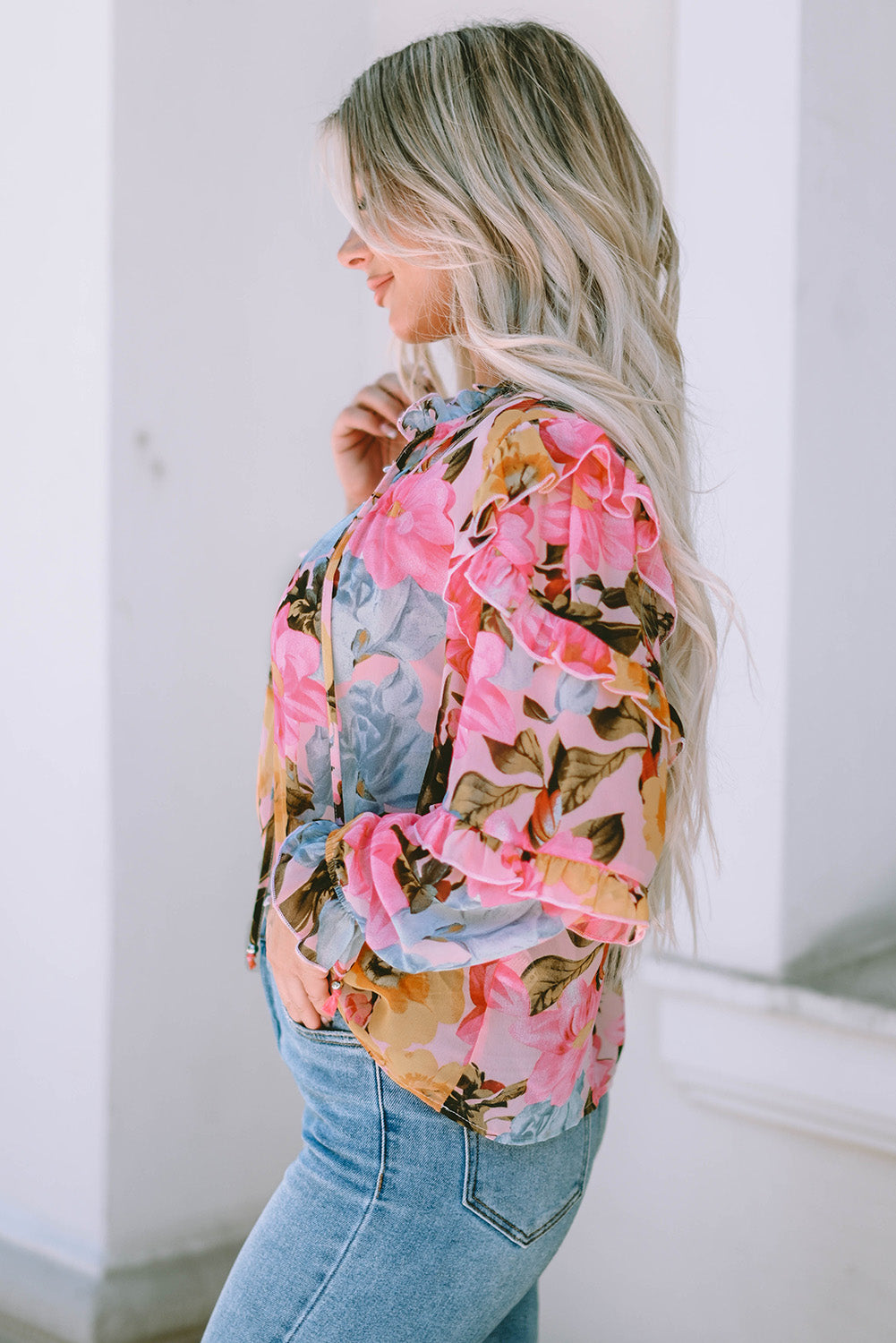 Pink Notched Neck Ruffle Floral Dress