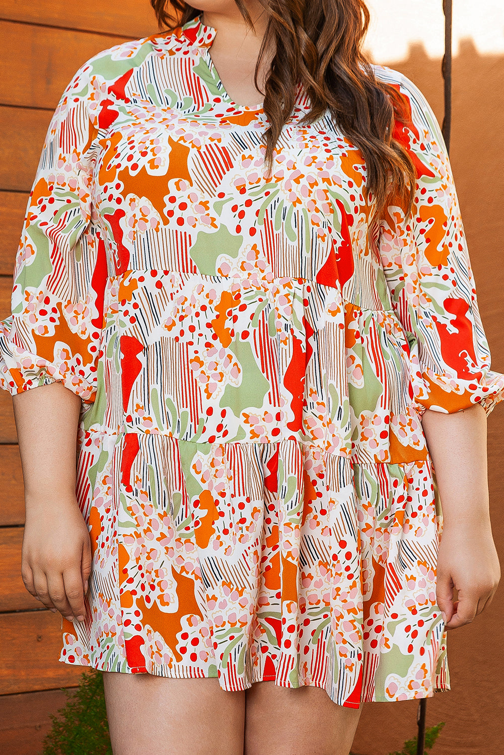 Orange Printed Floral Abstract Print Frilled V Neck Plus Size Blouse