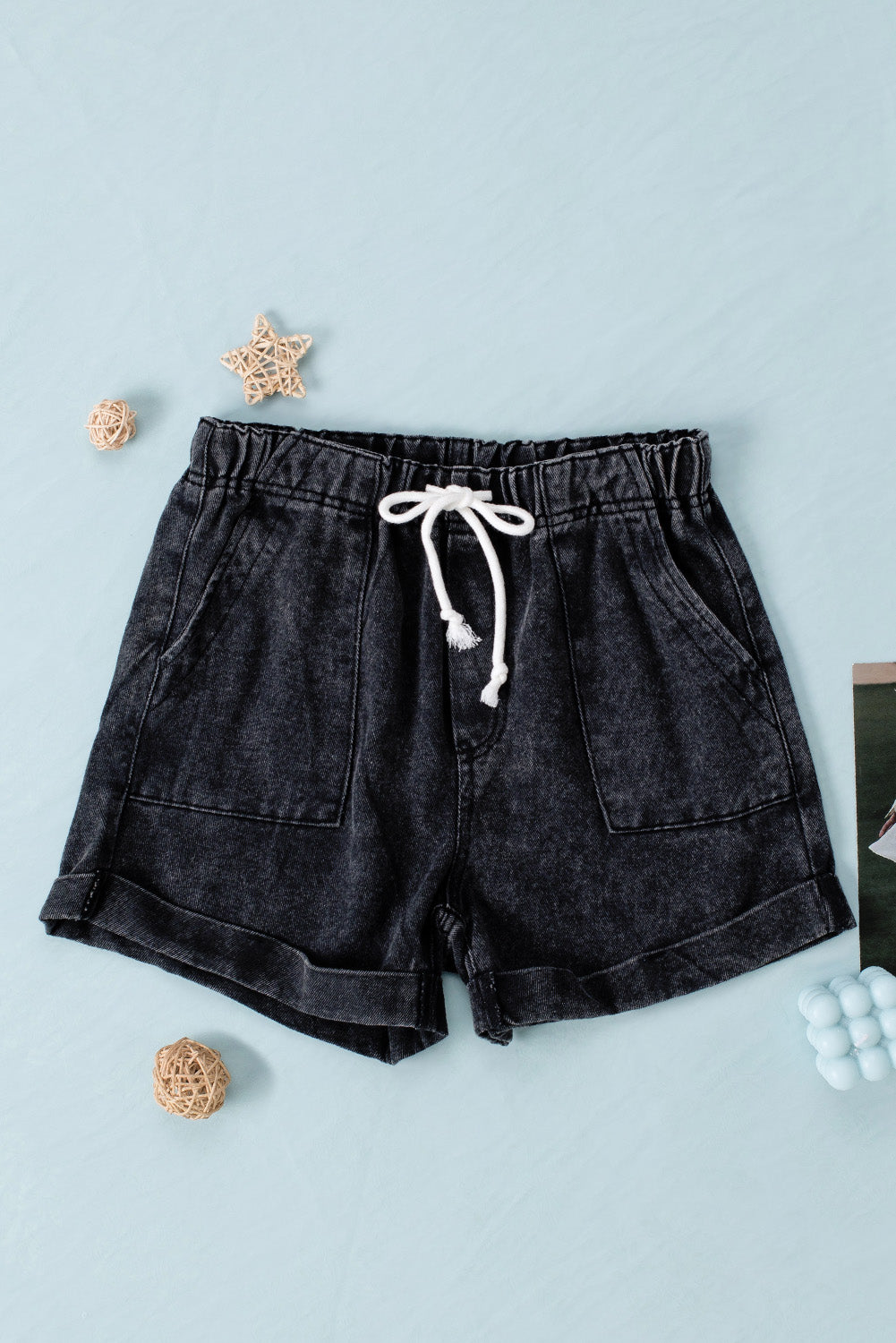 Gray Pocketed Drawstring High Waist Denim Shorts