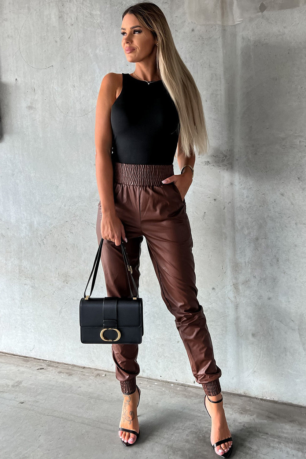 Black Smocked High-Waist Leather Skinny Pants