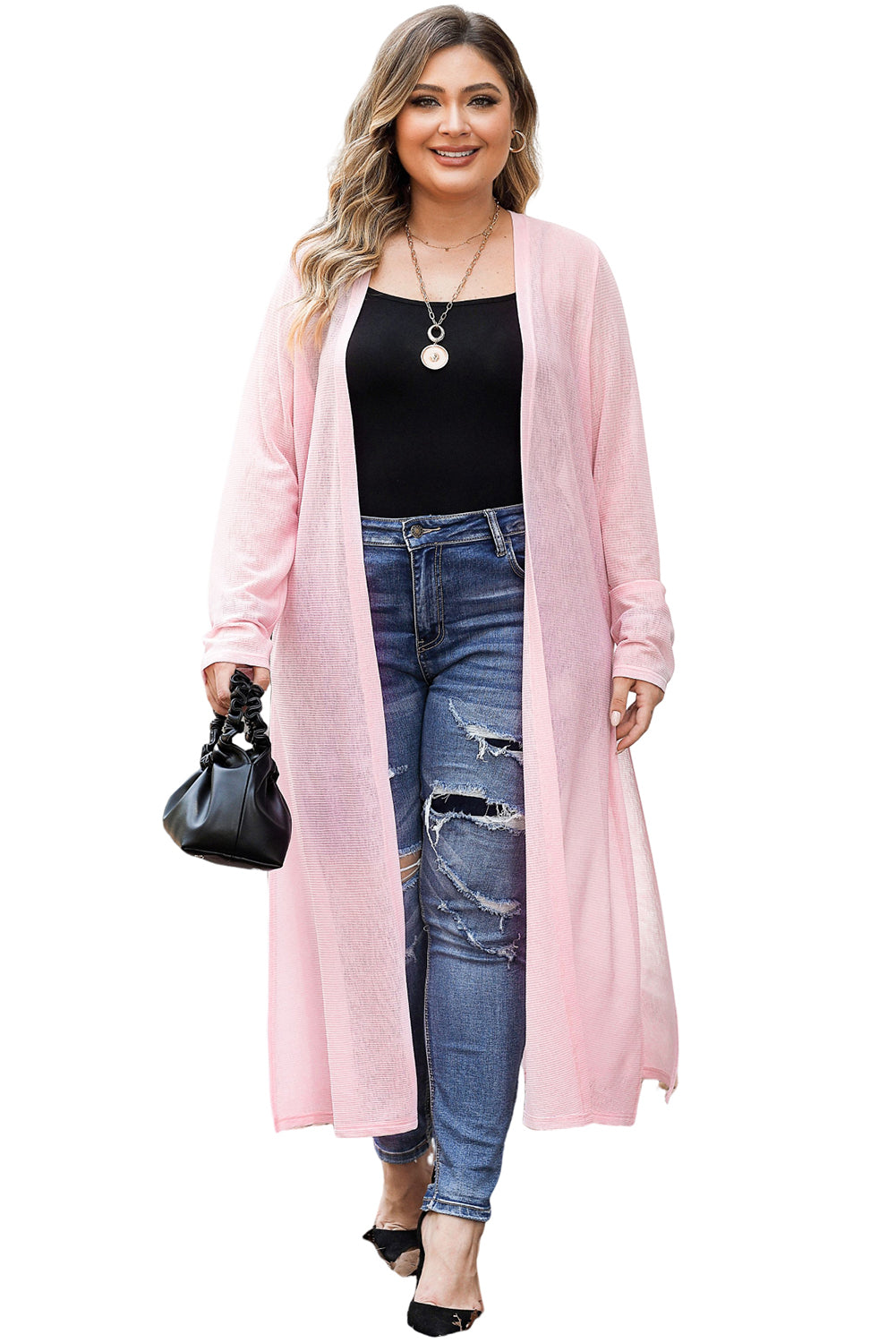 Pink Sheer Knitted Long Side Slit Plus Size Cardigan