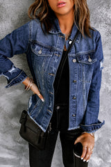 Dark Blue Plus Size Distressed Flap Pocket Denim Jacket