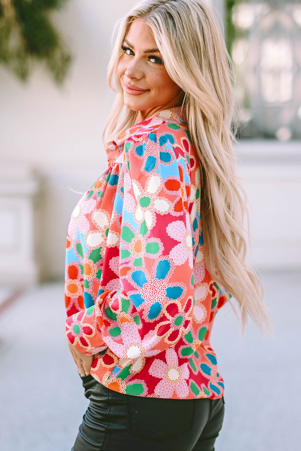 Purple Boho Flower Print Puff Short Sleeve Top