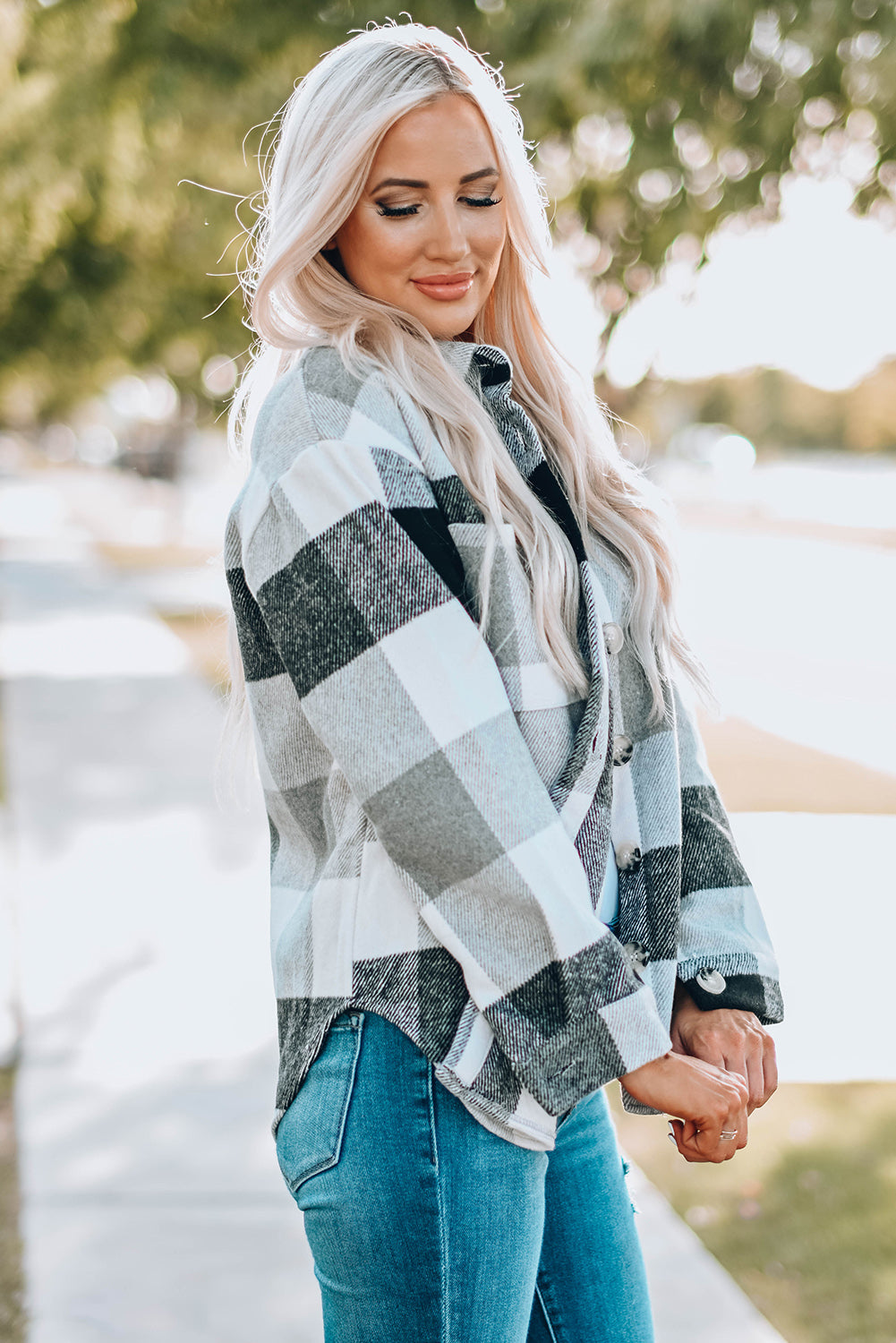 Gray Plus Size Checkered Button-Up Shacket