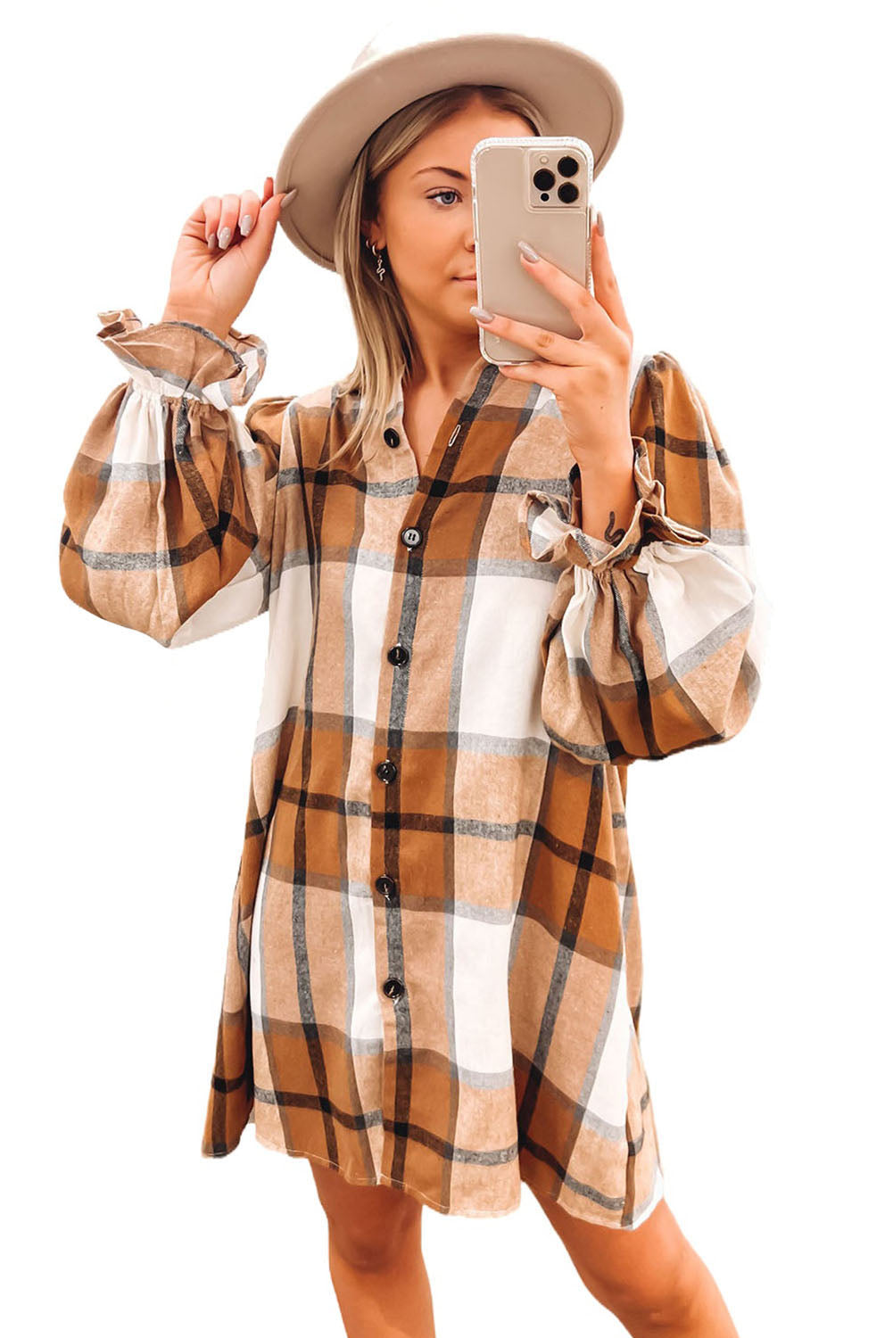 Khaki Plus Size Plaid Flounce Sleeve Button up Shirt Dress