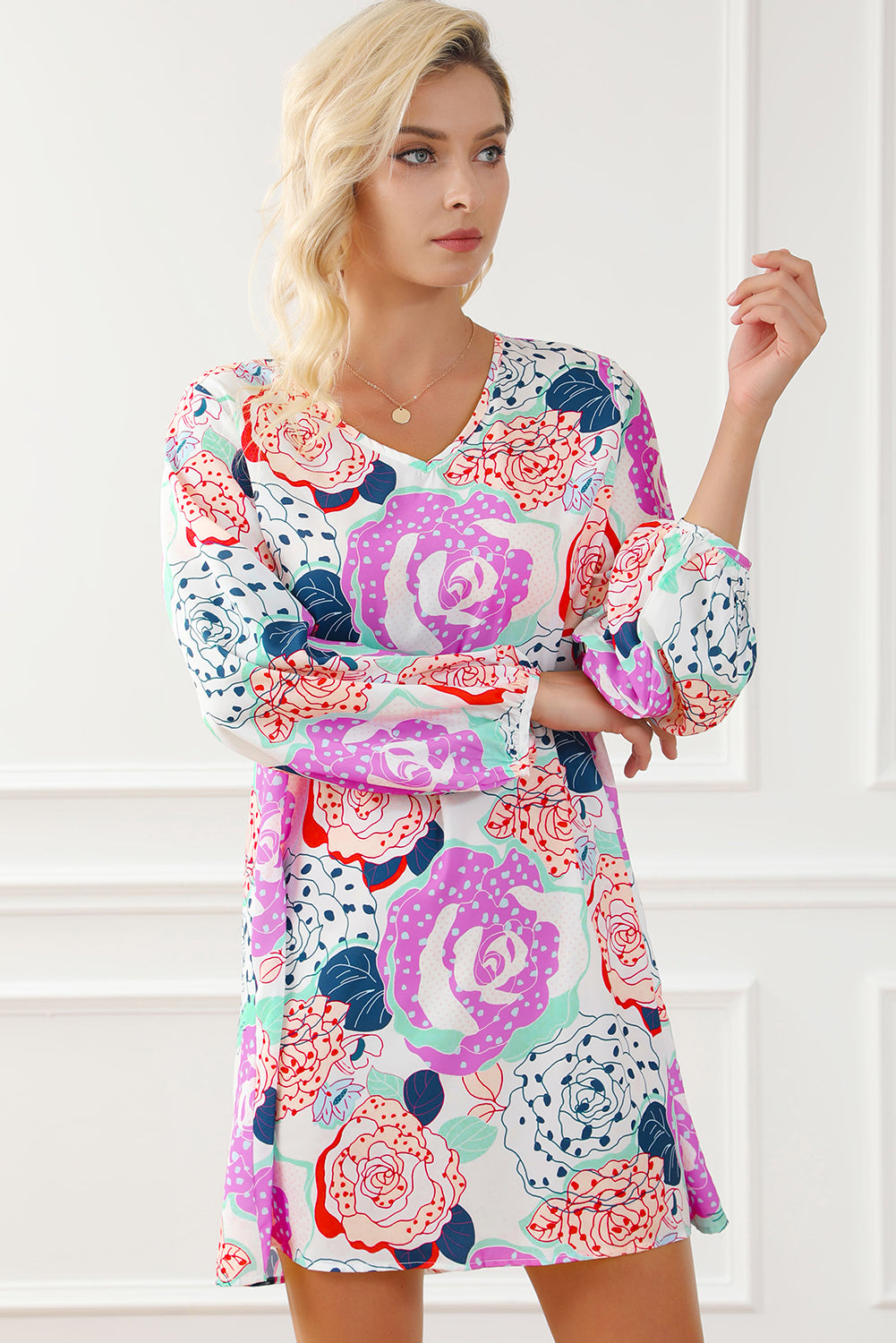 Multicolor Bracelet Bubble Sleeve Blooming Flower Print Dress